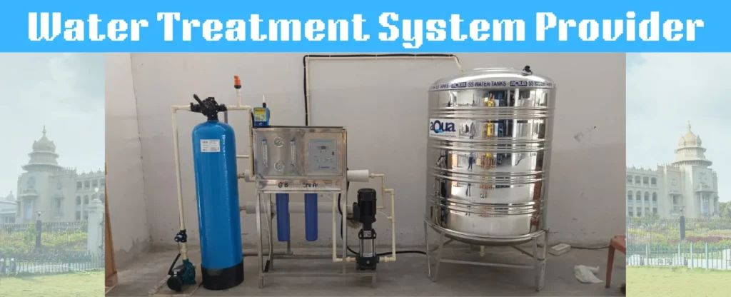 Water treatment system setup with a stainless steel water tank, blue filtration unit, and a control panel, highlighting advanced technology for clean and safe water solutions.