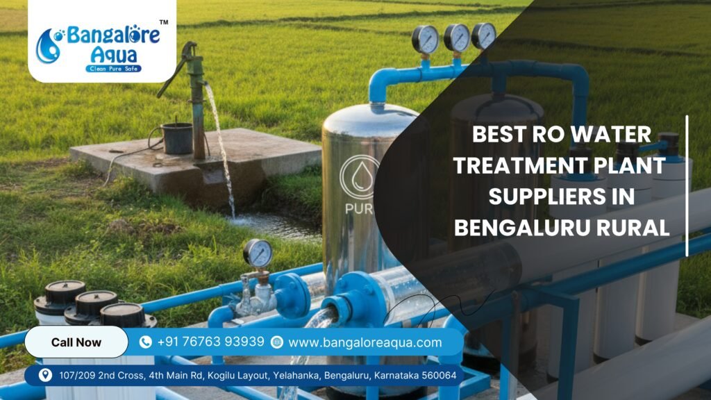 Industrial RO water treatment plant installed in agricultural area of Bengaluru Rural with borewell water source and stainless steel filtration system by Bangalore Aqua.