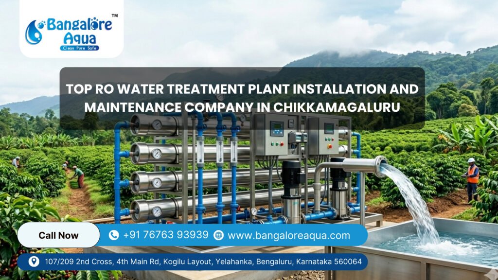 Top RO water treatment plant installation and maintenance company in Chikkamagaluru with industrial RO system setup in agricultural area. If you want a shorter technical SEO version (recommended under 125 characters): Short Alt Text: Industrial RO water treatment plant installation in Chikkamagaluru by Bangalore Aqua.