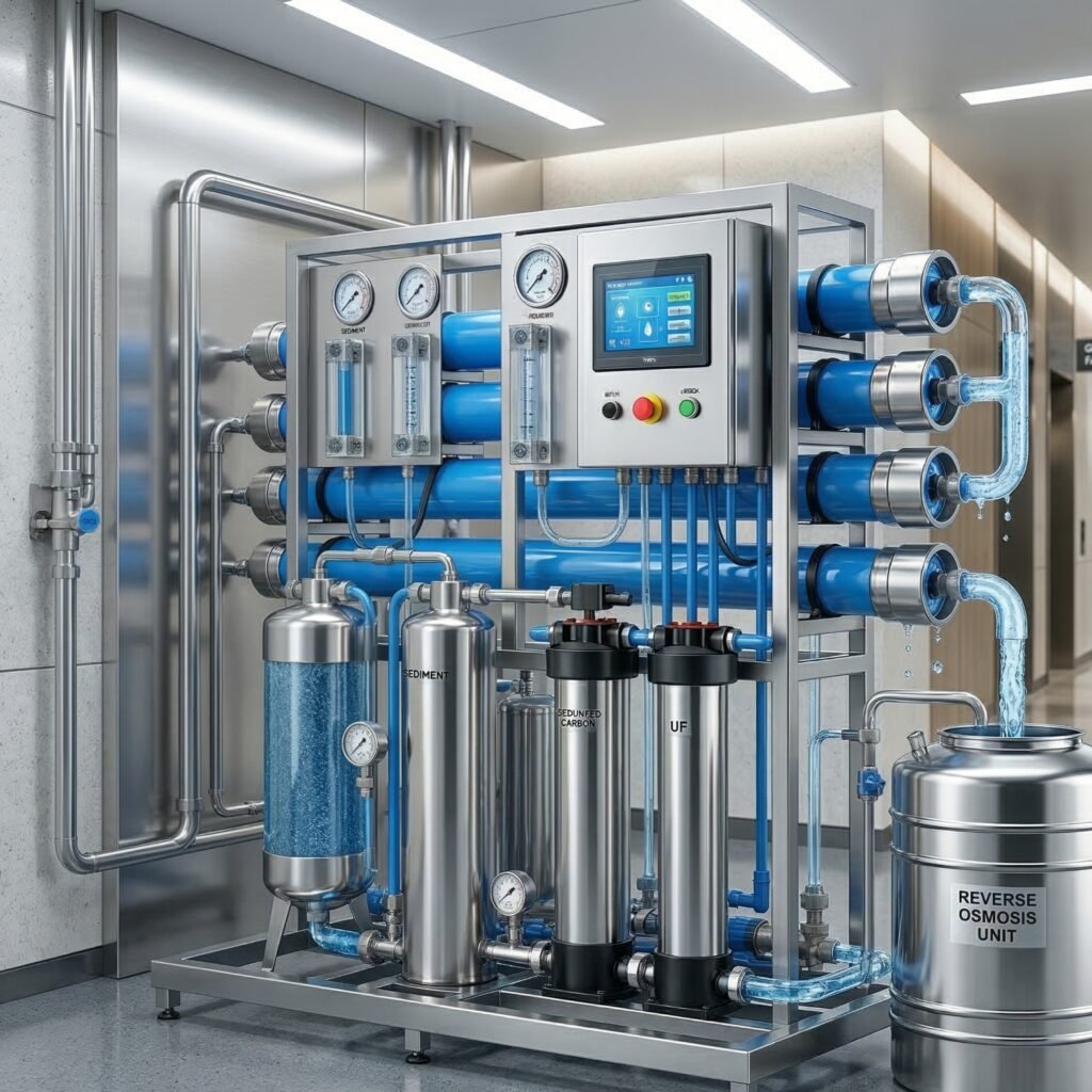 Industrial water filtration system with RO membranes and activated carbon filter
