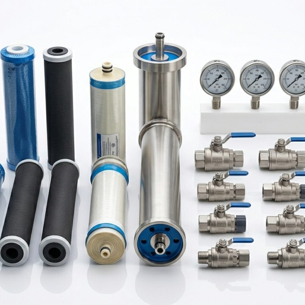 RO water purifier filters and spare parts including cartridges, membranes, and connectors