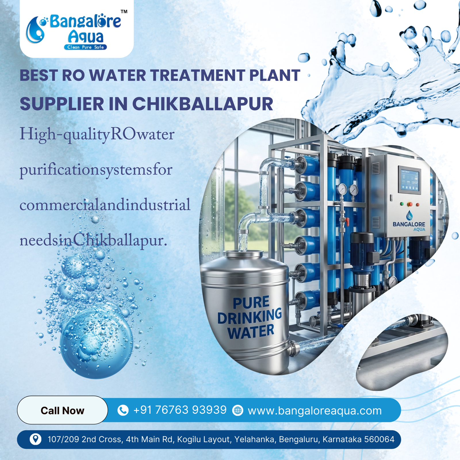 Industrial RO water treatment plant system by Bangalore Aqua in Chikballapur for pure drinking water