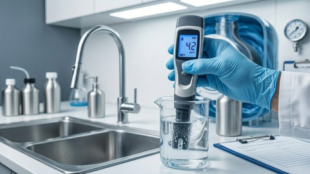 Technician measuring water TDS level with digital meter in glass sample near kitchen sink and RO system