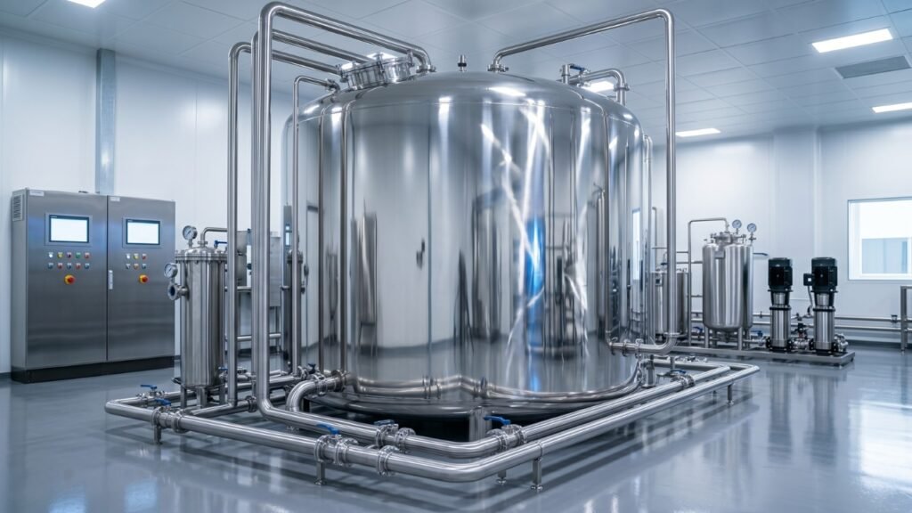 Stainless steel industrial water purification tank with RO system and pipelines in clean facility