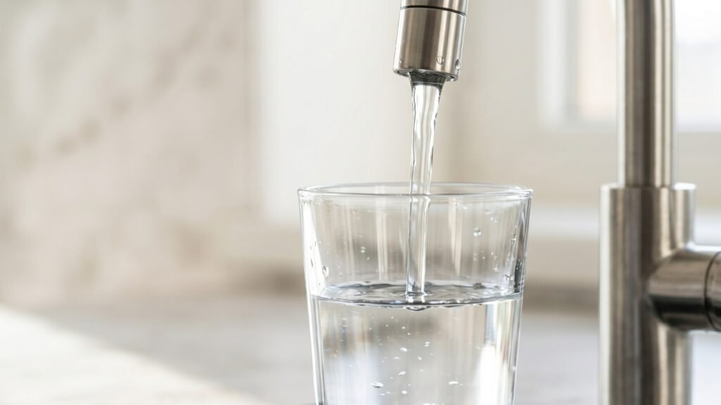 Clear drinking water filling a glass from a modern kitchen tap
