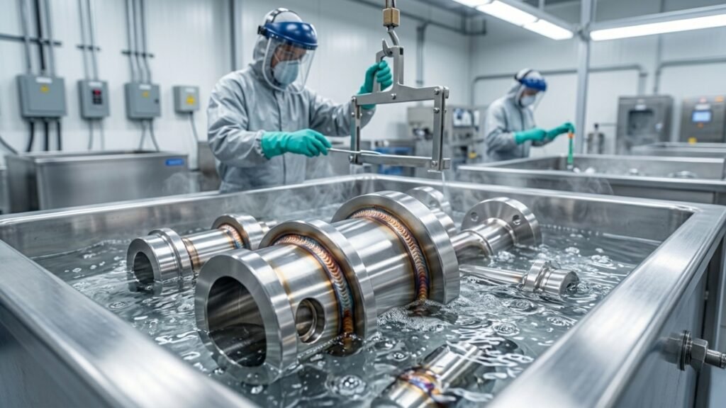 Industrial RO water treatment system with technicians handling stainless steel components in a clean manufacturing facility