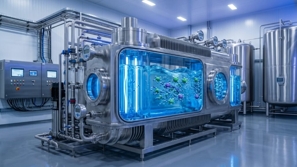 Industrial RO water purification system with stainless steel tanks and advanced filtration unit showing treated water flow