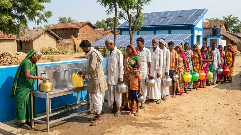 Villagers collecting clean drinking water from a community filtration system in a rural area
