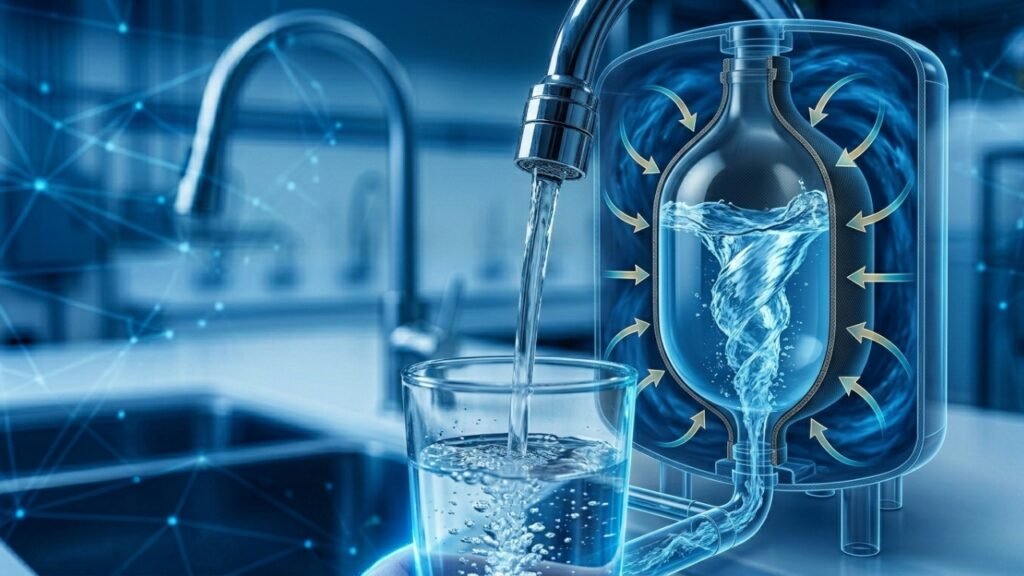 RO water purifier filtration process illustration showing water flow through membrane system into clean drinking water glass