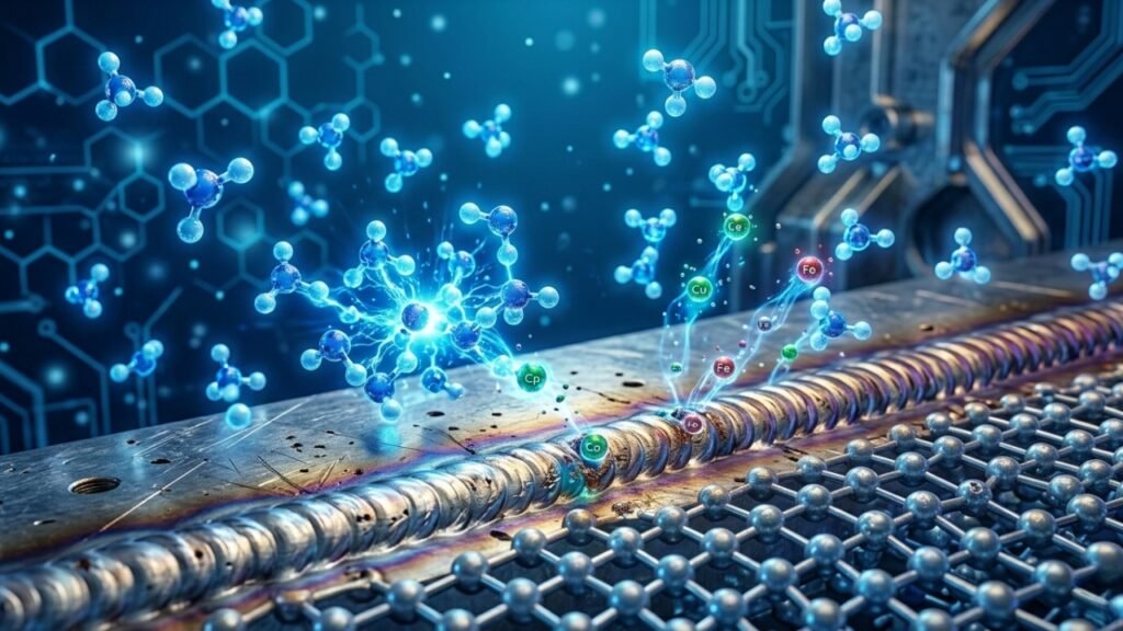 Illustration of molecular interaction and corrosion process on a stainless steel weld joint, showing chemical elements affecting metal surface degradation