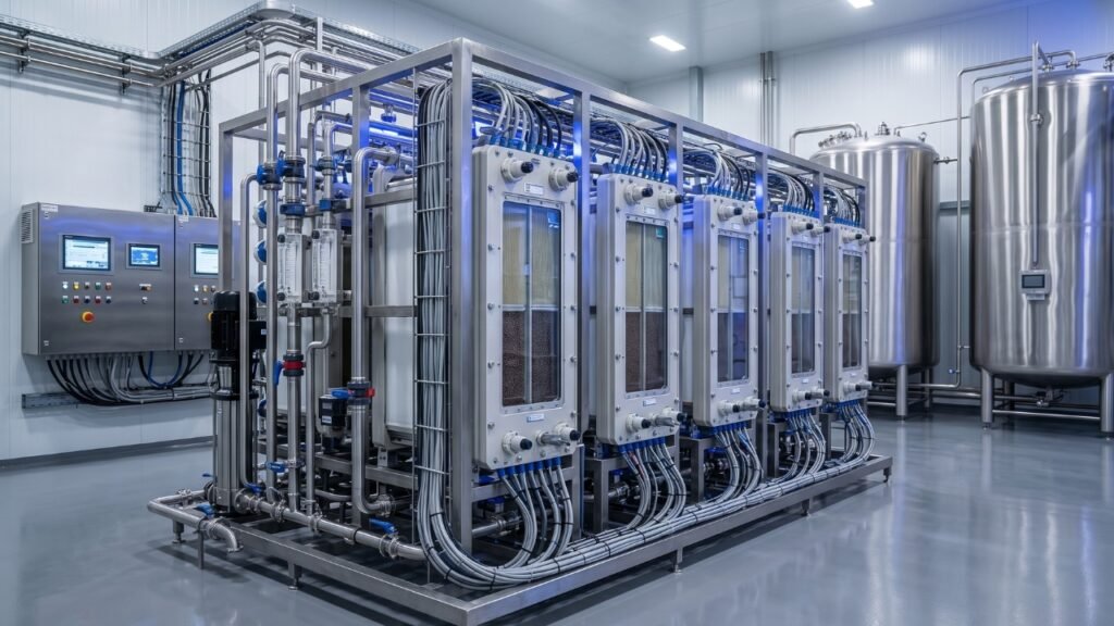 Industrial RO filtration system with membrane modules and stainless steel tanks in a clean water treatment facility