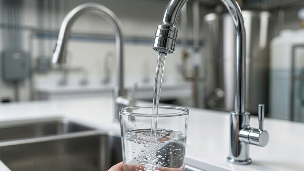 Clean drinking water flowing from kitchen tap into glass, filtered through RO water purification system
