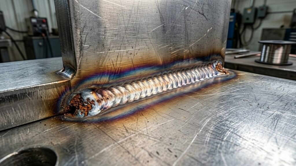 Close-up of stainless steel weld joint showing heat discoloration and minor corrosion at the seam in an industrial setting