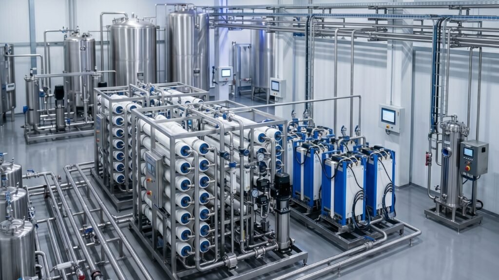 Large-scale reverse osmosis water treatment plant with multiple membrane racks, pumps, and stainless steel piping in a clean industrial facility