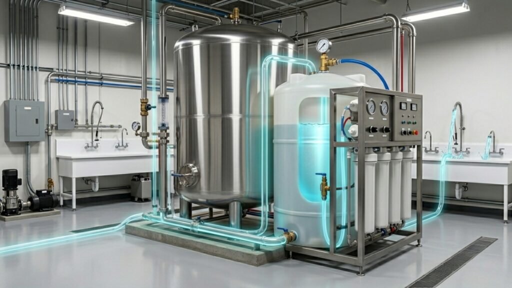 Industrial RO water purification system showing water flow through pipes and filtration units in clean processing facility