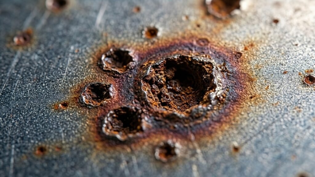 Close-up of severe rust corrosion and pitting on a metal surface, showing oxidation damage and material degradation