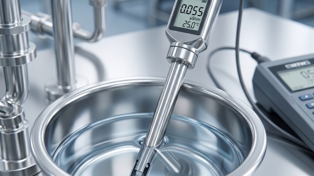 Digital conductivity/TDS meter testing purified water in a stainless steel container for quality monitoring in a lab or RO system