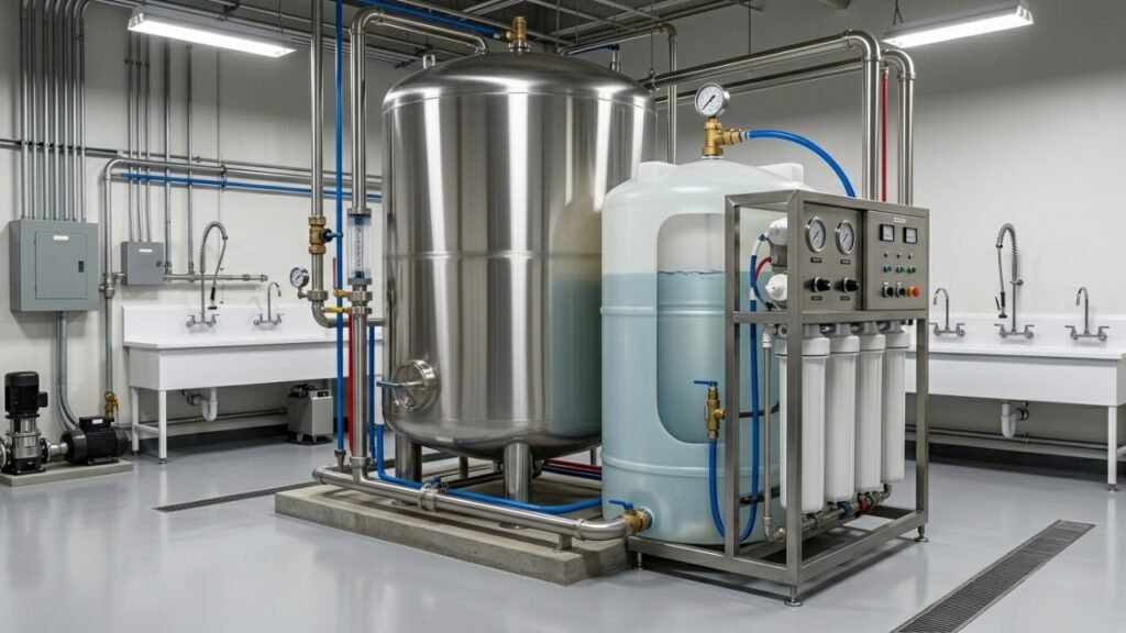 Industrial RO water purification system with stainless steel tank and multi-stage filtration unit in clean facility