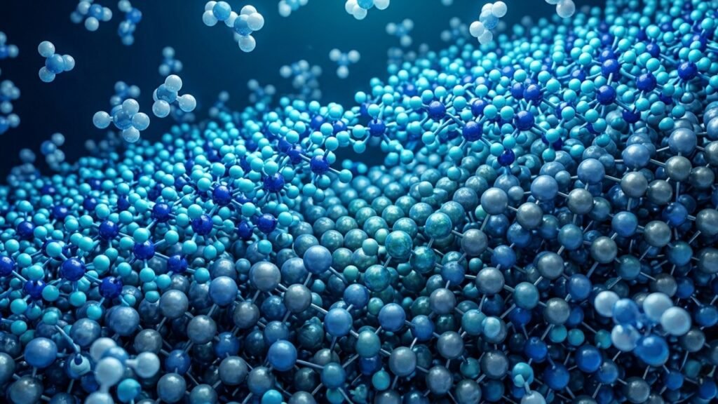 Microscopic view of membrane filtration showing molecular particles and water molecules passing through a structured surface, representing advanced water purification technology