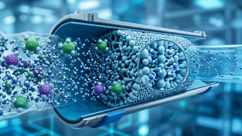 Reverse osmosis membrane filtration process showing removal of dissolved ions (Na+, Cl−) and impurities at molecular level in water purification system