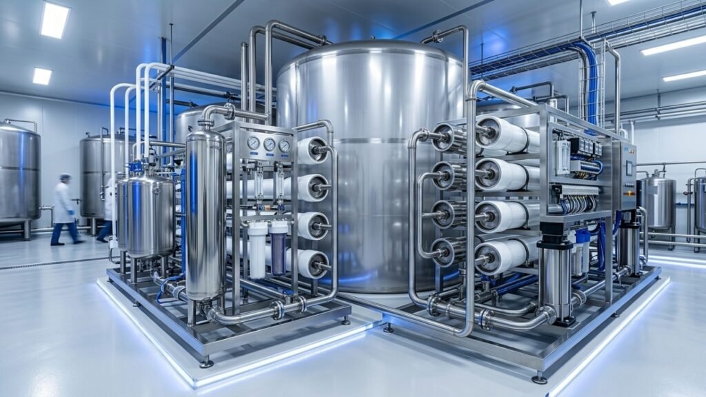 Industrial RO water purification system with stainless steel tanks, membrane filters, and connected pipelines in a clean processing facility