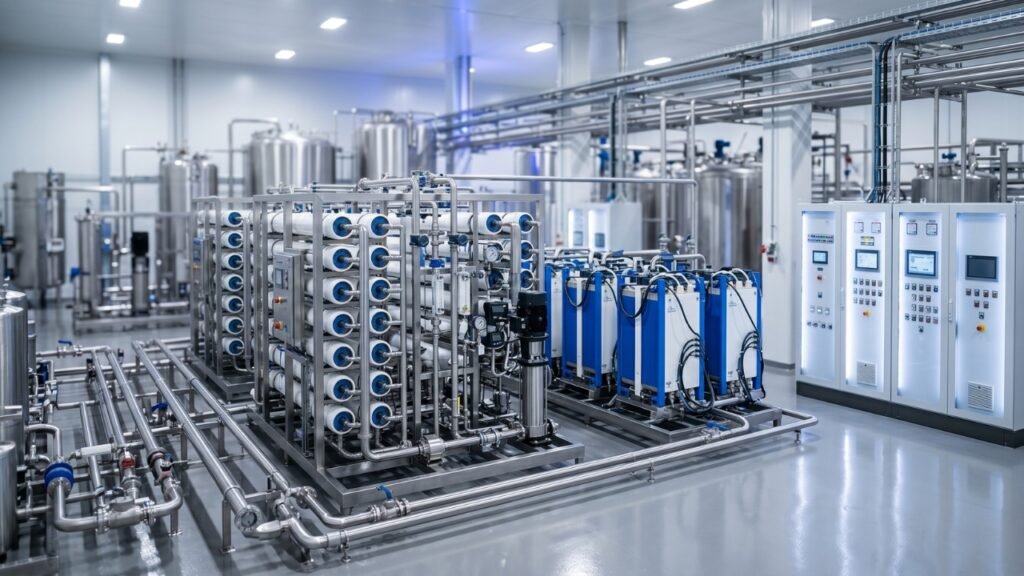 Industrial RO water purification system with stainless steel tanks and filtration units in facility