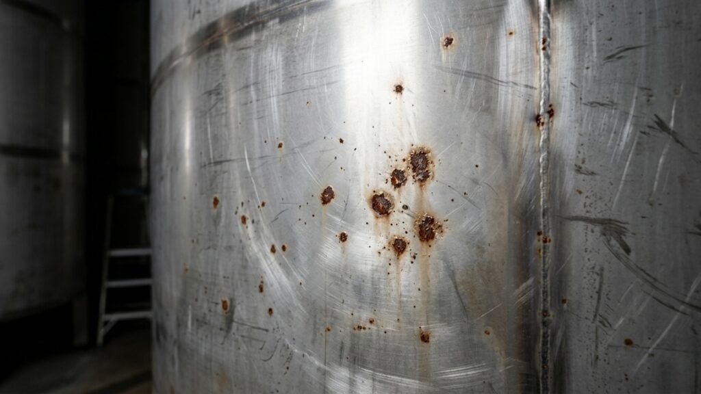 Rust spots and corrosion on stainless steel tank surface showing damage from water exposure or poor maintenance