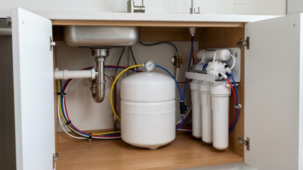 Under-sink RO water purifier system with storage tank and filtration units installed in kitchen cabinet