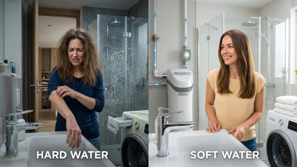 comparison of hard water vs soft water effects on hair in bathroom shower