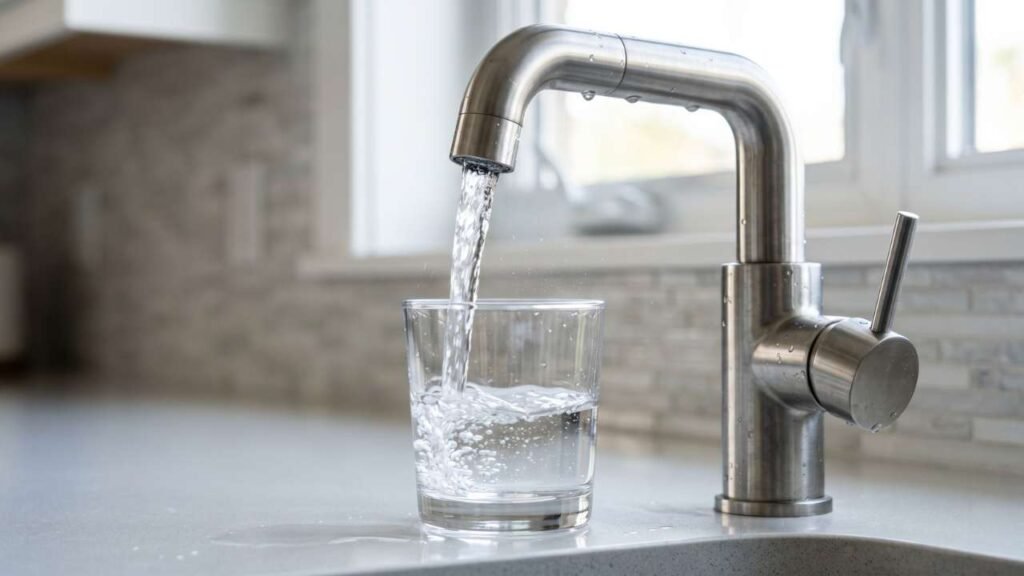 Kitchen tap pouring clean drinking water into a glass in a modern home sink