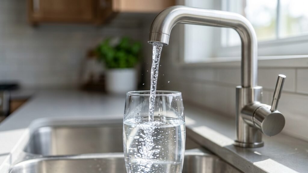Kitchen faucet pouring clean drinking water into a glass in a modern sink setup