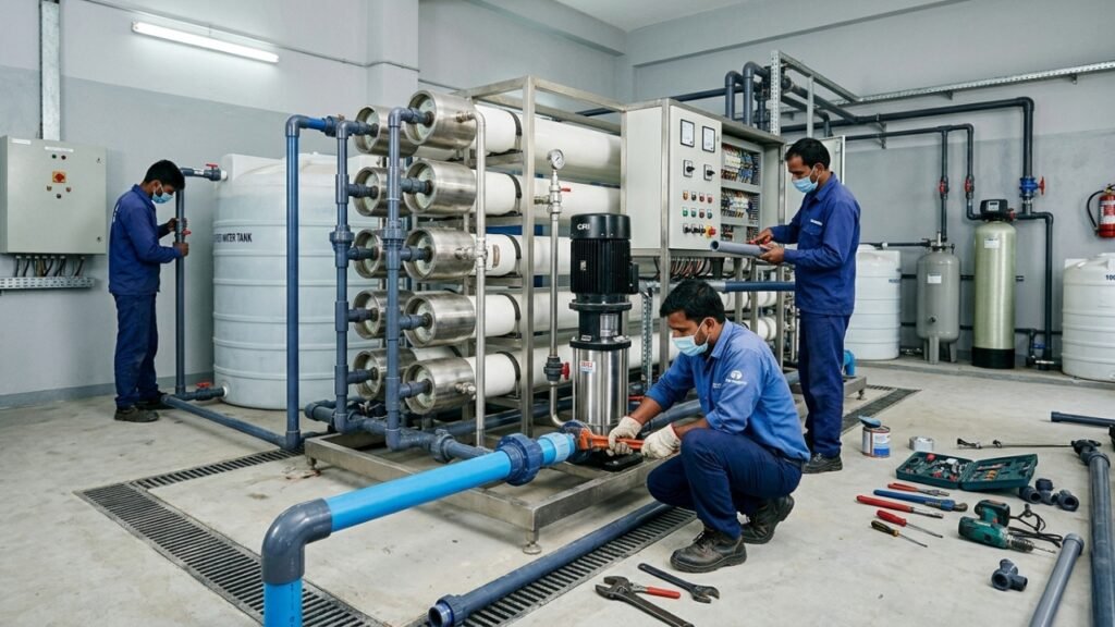 Technicians servicing industrial RO water treatment plant with filtration system and control panel