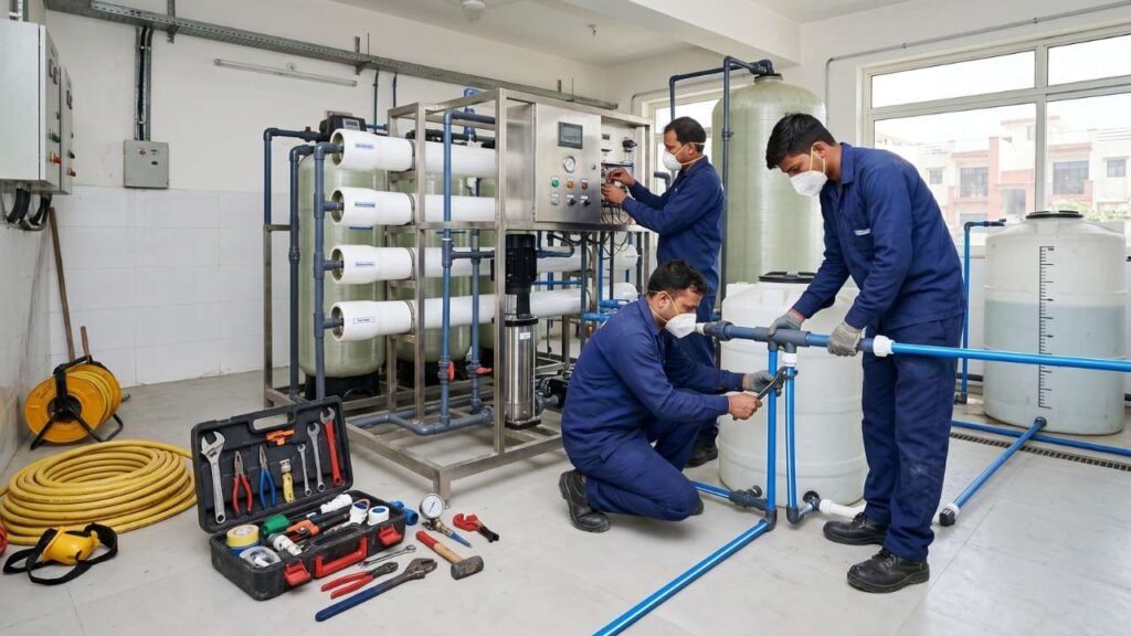 Technicians installing and servicing a commercial RO water treatment system with pipes, filters, and tools