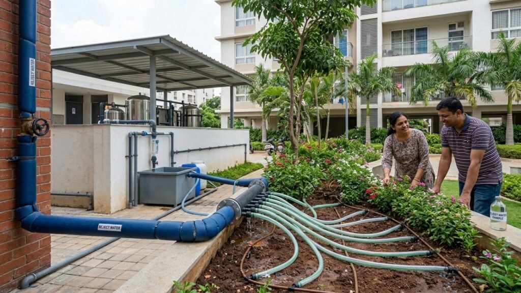 Residential water recycling system used for garden irrigation in apartment complex