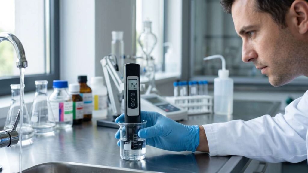 Scientist testing water quality using a TDS meter in a laboratory setup