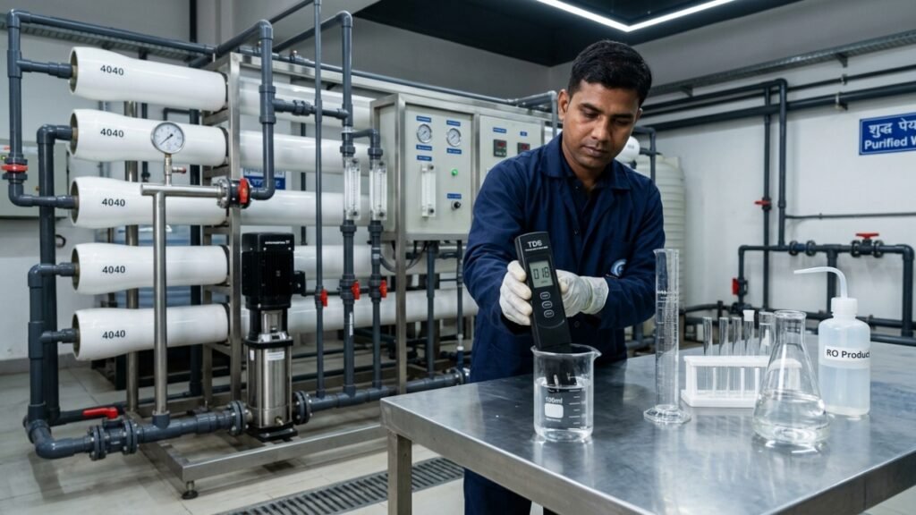Technician testing water quality using TDS meter in RO water treatment plant laboratory