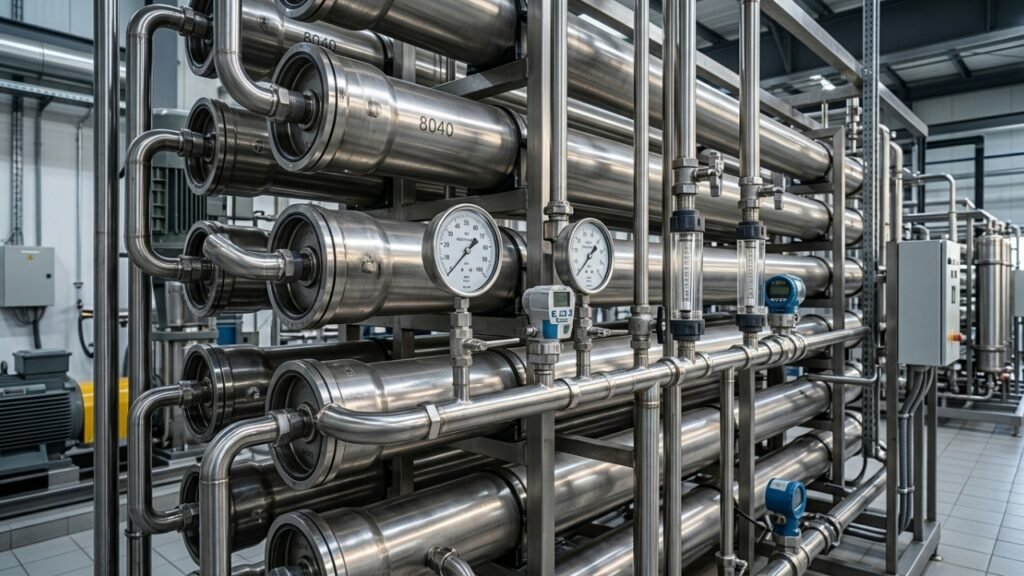 Industrial reverse osmosis membrane system with stainless steel pipes and pressure gauges