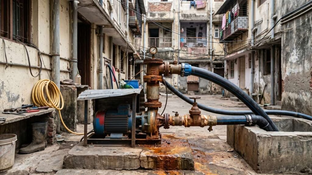 Old rusted water pump system with pipes in a residential building courtyard, showing poor water infrastructure