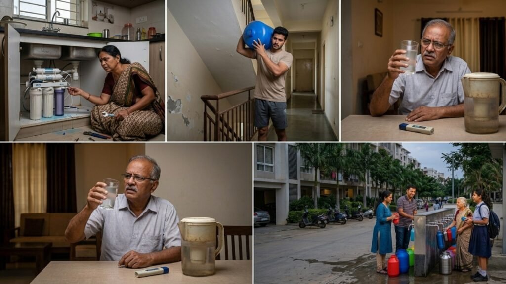 Household water issues and community water access challenges including RO maintenance, water collection, and quality testing