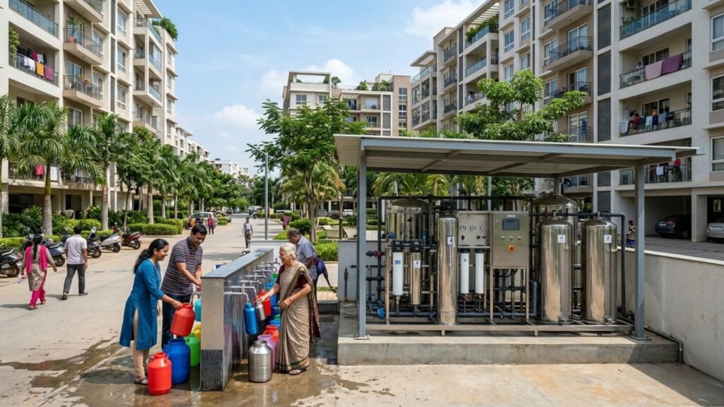 People collecting water from community water ATM system in residential apartment area