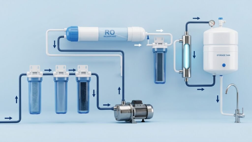 Water purification system with filtration stages and storage tank for clean drinking water