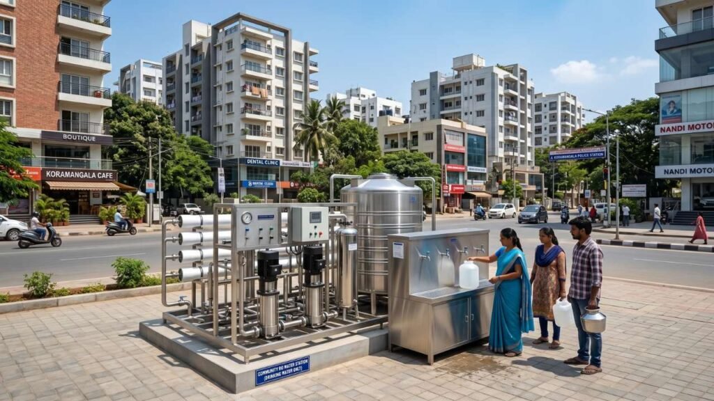 Public water ATM station in urban residential area with people collecting clean drinking water