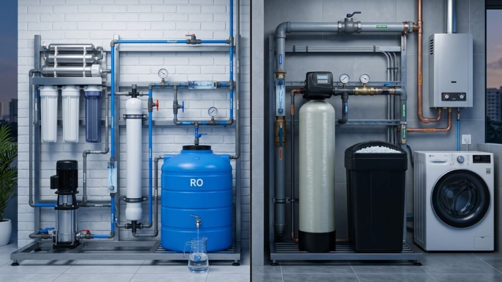 Residential RO water purification system installed in a modern utility room