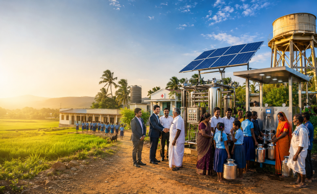 Community RO water project installed by Bangalore Aqua supporting CSR initiatives and safe drinking water access for rural communities in Karnataka.