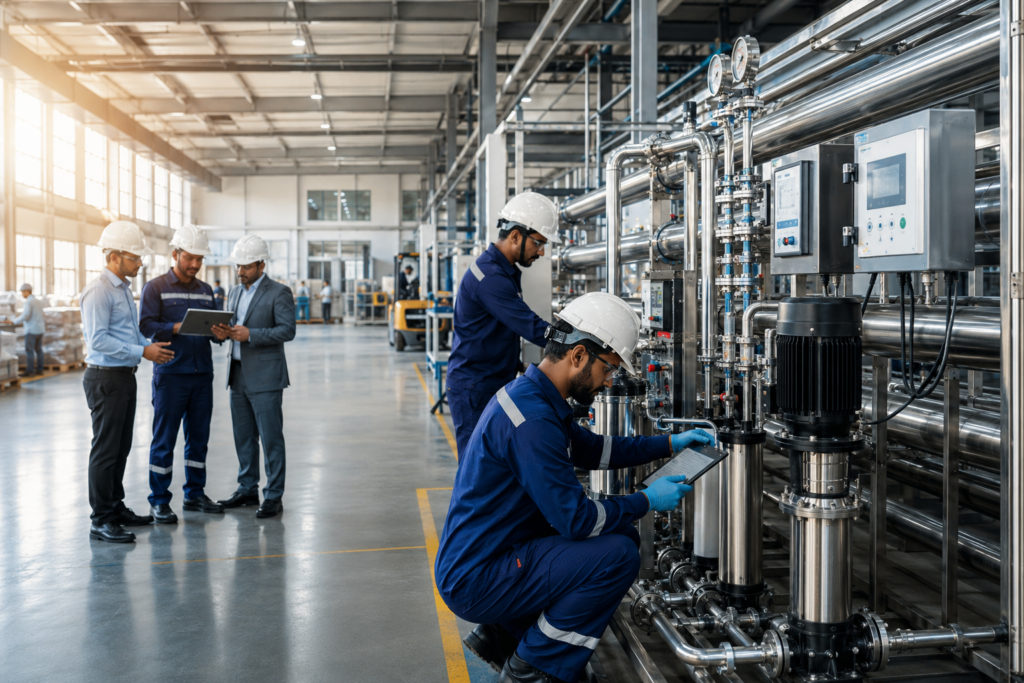 Senior service engineers performing preventive maintenance on a large stainless-steel industrial RO water treatment plant inside a modern manufacturing facility, inspecting pressure gauges, filters, pumps, and control systems.