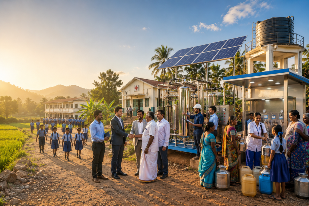 Community RO water plant in rural Karnataka providing safe drinking water to villagers through a sustainable solar-powered water purification system.