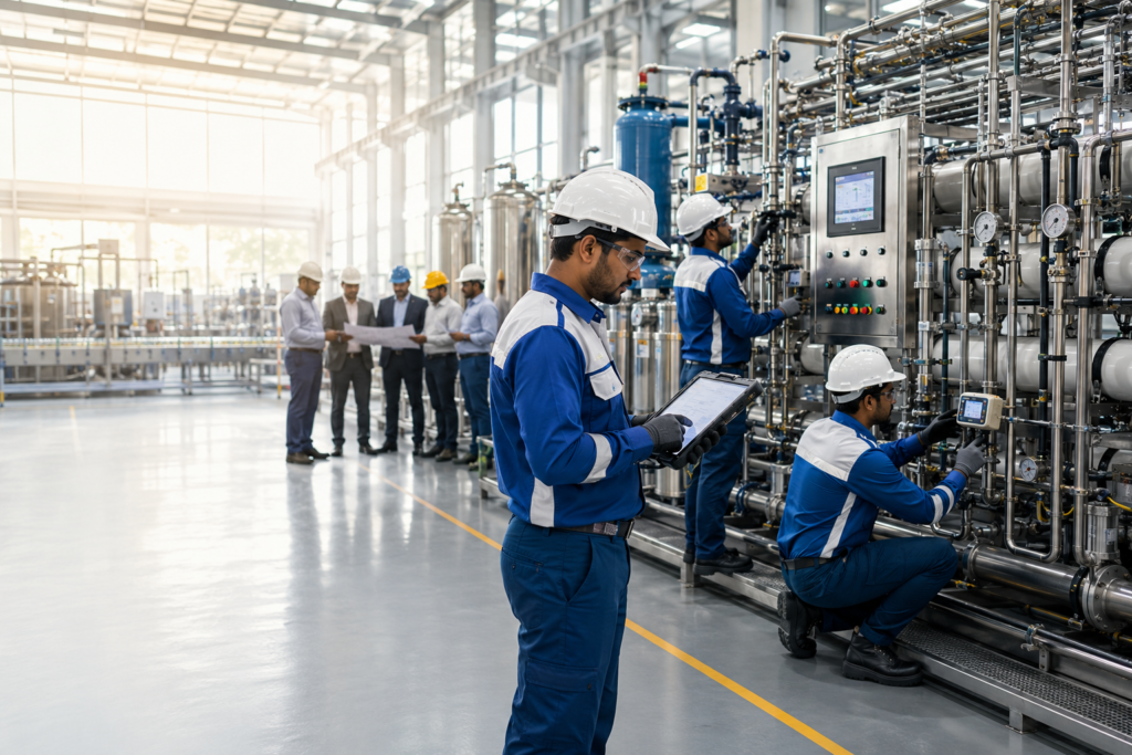 Engineers performing the final commissioning of a large industrial RO water treatment plant inside a modern manufacturing facility in Bengaluru, ensuring system performance, quality assurance, and operational readiness.