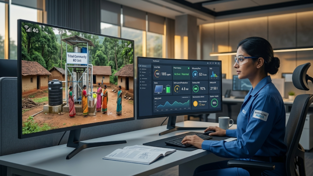 A female water treatment engineer in a blue uniform monitors a community RO water plant's real-time IoT dashboard and live remote village feed from a modern office workstation.