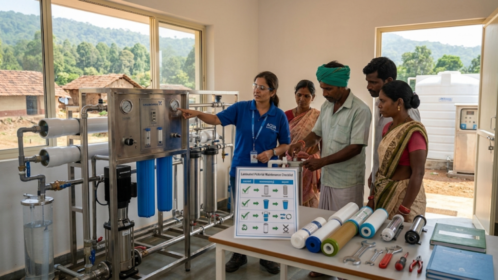 A female water treatment engineer trains local Indian village community members on operating and maintaining a community RO water purification plant, using a pictorial checklist and tools.