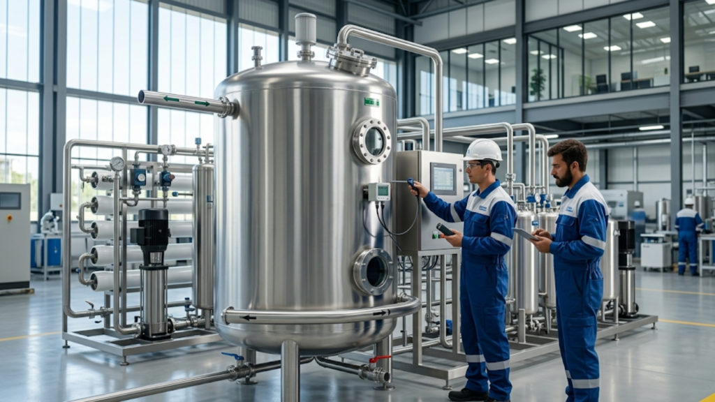 Two water treatment engineers inspect the control panel and connection valves of a large SS304 stainless-steel RO permeate storage tank in a modern facility.